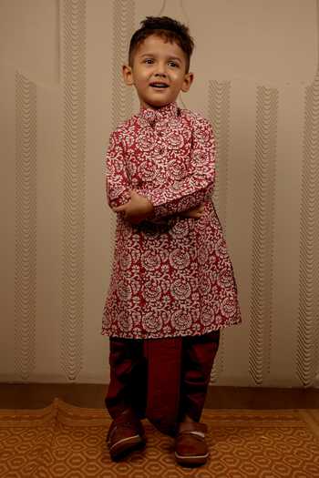 Tiny Colour Maroon Block Print Kurta & Dhoti Pant Set 