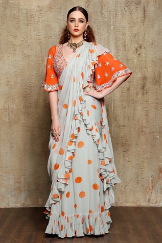 Vikram Phadnis Polka Dot Pre-Draped Frill Saree Set
