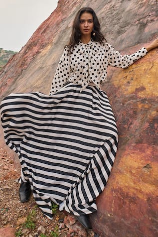 Dot Print Blouse & Skirt Set 