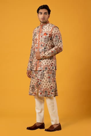 Floral Motif Printed Bundi & Kurta Set For Kids