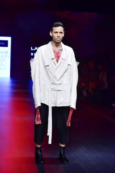 White, red & black linen & chanderi jacket with t-shirt, shirt & trousers