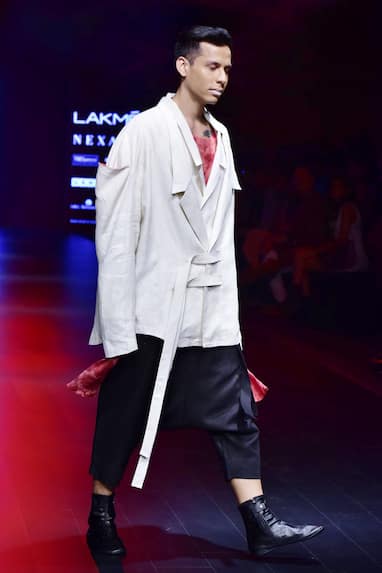 White, red & black linen & chanderi jacket with t-shirt, shirt & trousers