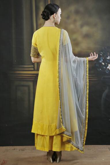 Yellow & grey embroidered kurta set
