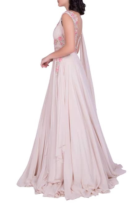 Embroidered yoke gown with attached drape