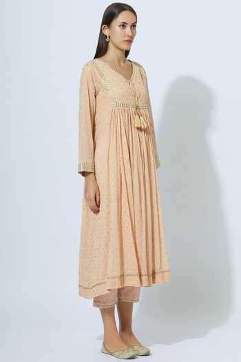 Foil Print Kurta Set With Mirror Embellishments