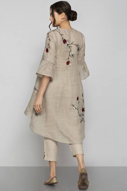 Buy Kaveri Beige Linen Embroidered Tunic Online | Aza Fashions