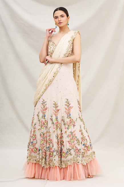 Embroidered Layered Saree Gown