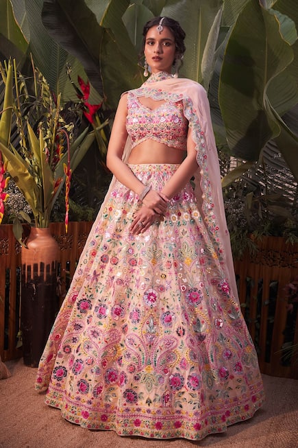 Buy Aneesh Agarwaal White Organza Mirror Work Embroidered Lehenga Set ...