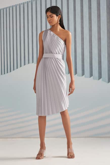 Buy Pleats By Aruni Silver Satin Crepe One Shoulder Pleated Dress Online | Aza Fashions