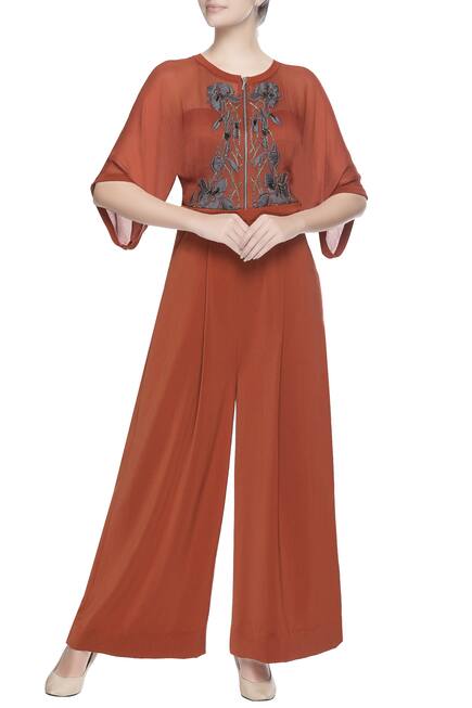 Buy Orange jumpsuit with applique work by Babita Malkani at Aza Fashions
