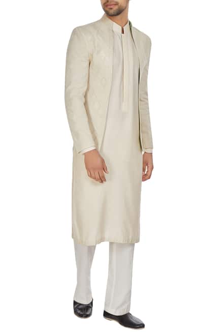Ivory chanderi front open bandhgala jacket