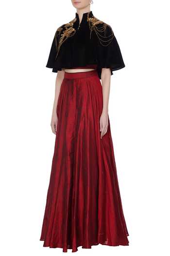 Layered Lehenga with Foil Ruvhed Bustier and Foil Cape