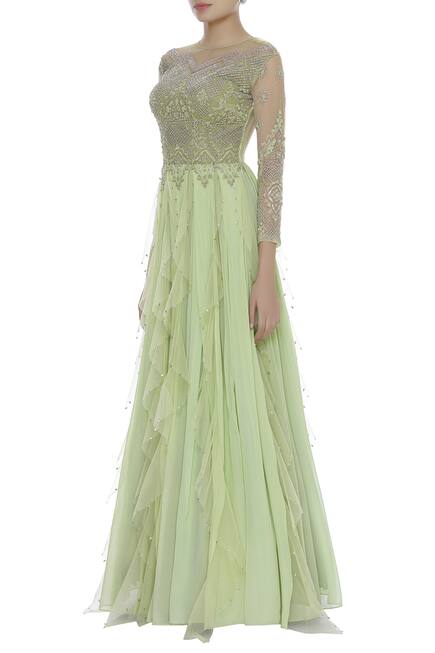 Stone Embellished Ruffle Gown