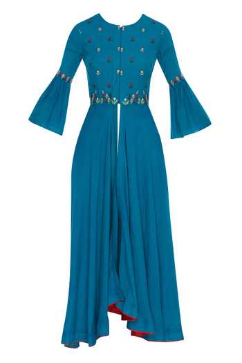 Blue Embroidered Asymmetrical Kurta and Denim Lycra Jeggings
