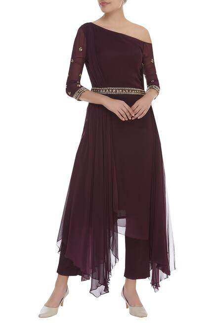 One Shoulder Sequin Embroidered Kurta With Pants