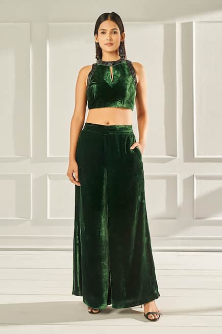 Midnight Toast- Green Crop Top & Trousers Set 