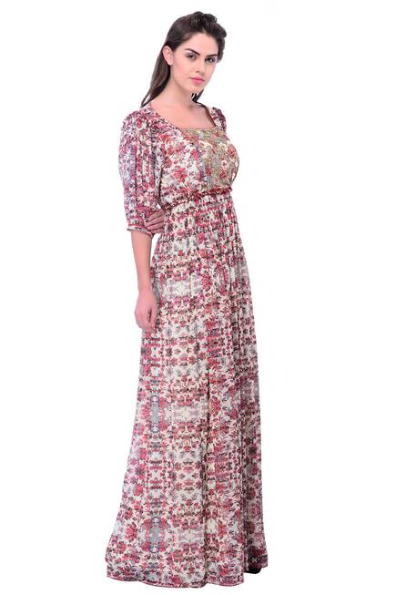 Buy Bhanuni By Jyoti White Viscose Crepe Floral Printed Maxi Dress ...