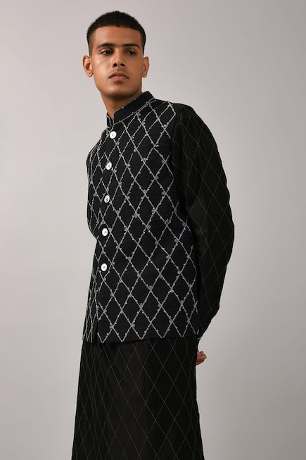 Embroidered Checkered Nehru Jacket