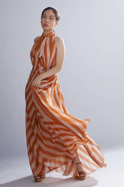 Striped Bow Neck Maxi Dress