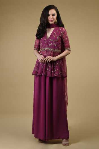 Sequin Embroidered Tassled Peplum Style Kurta with Flared Pallazo Set