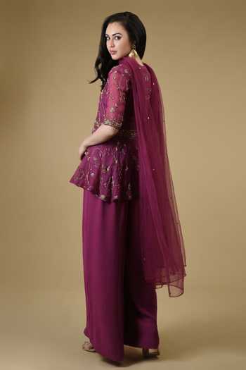 Sequin Embroidered Peplum Style Kurta Set with Pleated Pallazo