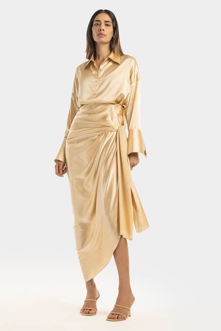 Buy 431-88 by Shweta Kapur Beige Silk Satin Tie Up Skirt Online | Aza ...
