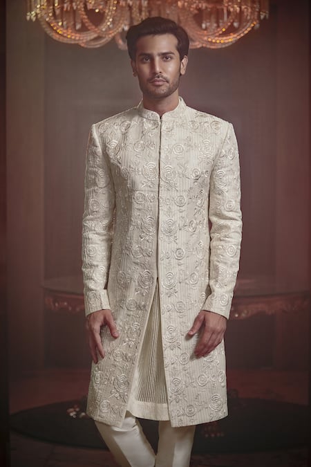Buy Sawan Gandhi White Chanderi Sherwani And Pant Set Online | Aza Fashions