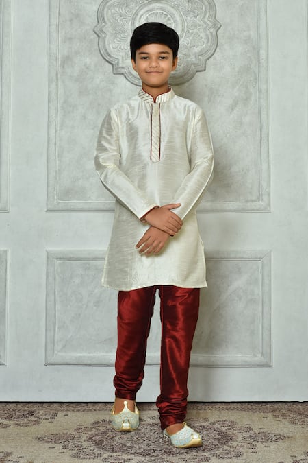 Arihant Rai Sinha Cream Denim, Silk Embroidery Dupion Art Kurta And Churidar Set
