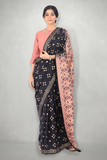 I AM Design Black Silk Round Printed Saree Set 