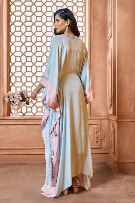 Shop Aariyana Couture Blue Cotton, Silk, Modal, Satin Lace V-neck Hand Embroidered Neckline Kaftan at Aza Fashions Shop_Aariyana Couture_Blue Cotton, Silk, Modal, Satin Lace V-neck Hand Embroidered Neckline Kaftan_at_Aza_Fashions