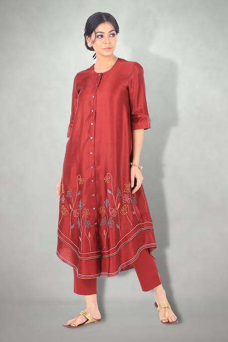 Buy I Am Design Maroon Silk, Satin Linen Round Kurta Set Online at Aza Fashions Buy_I Am Design_Maroon Silk, Satin Linen Round Kurta Set _Online_at_Aza_Fashions