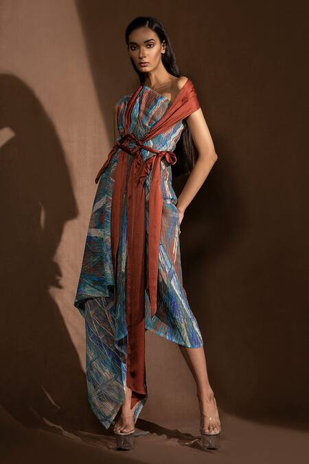 Buy_Abhishek Sharma_Multi Color Poly Georgette One Shoulder Draped Dress_Online_at_Aza_Fashions