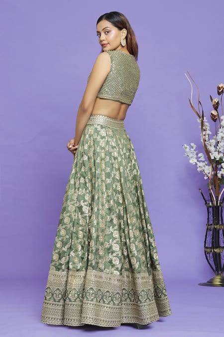 Shop_Neha Mehta Couture_Green Pure Banarasi Sequin, Thread And Floral Motifs V Neck Woven Lehenga Set _at_Aza_Fashions