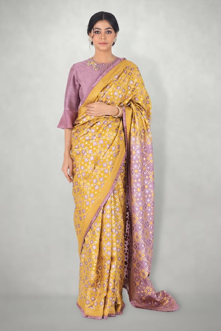 I am Design Yellow Silk Printed Ikkat Round Embroidered Blouse With Saree 