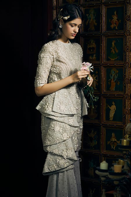 Shop Sahil Kochhar Grey Organza, Satin Embroidery Ghazala Flower Kurta And Sharara Set at Aza Fashions Shop_Sahil Kochhar_Grey Organza, Satin Embroidery Ghazala Flower Kurta And Sharara Set _at_Aza_Fashions