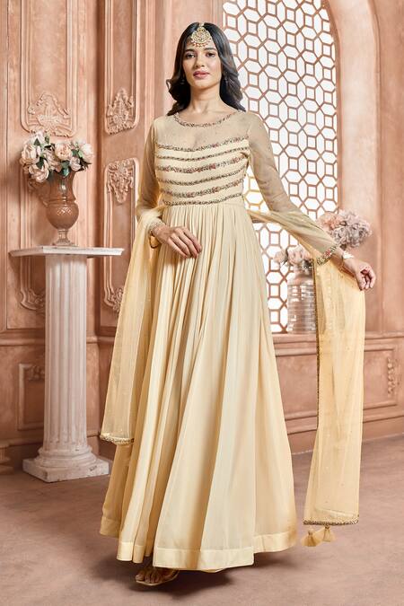 Buy_Aariyana Couture_Gold Viscose, Modal, Net Embroidery Round Neck Pleated Anarkali Set