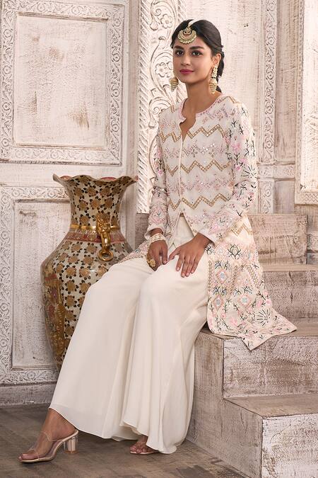 Aariyana Couture Off White Viscose, Georgette Embroidery Front Slit Kurta And Flared Pant Set Online at Aza Fashions Aariyana Couture_Off White Viscose, Georgette Embroidery Front Slit Kurta And Flared Pant Set_Online_at_Aza_Fashions
