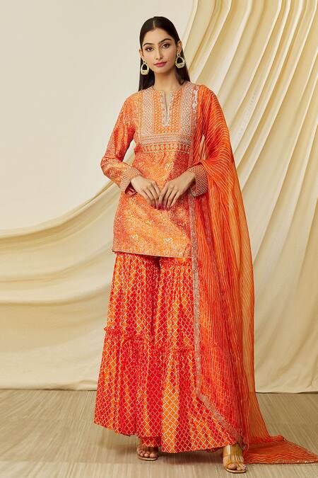 Buy Prisha Orange Silk Printed And Hand Embroidered Floral Kurta Gharara Set at Aza Fashions Buy_Prisha_Orange Silk Printed And Hand Embroidered Floral Kurta Gharara Set _at_Aza_Fashions