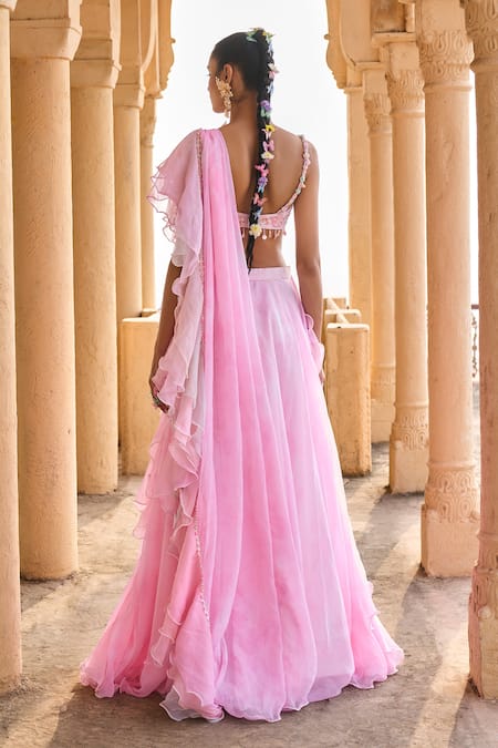 Lashkaraa Pink Ruffle Trim Pre-Draped Saree Set 