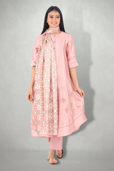 Shop I Am Design Pink Silk, Satin Linen Round Kurta Set at Aza Fashions Shop_I Am Design_Pink Silk, Satin Linen Round Kurta Set _at_Aza_Fashions