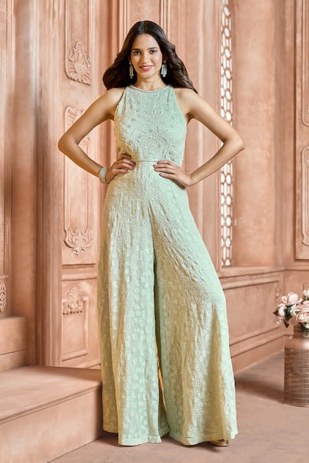 Buy_Ariyana By Aza_Green Viscose, Georgette Embroidery Round Neck Floral Jumpsuit 