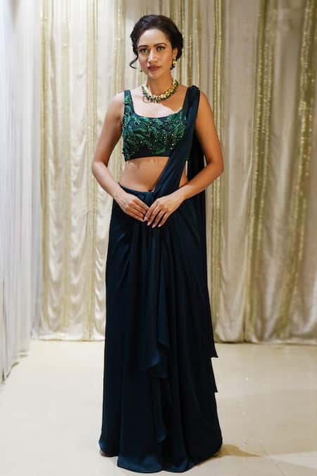 Shop Archana Kochhar Green Satin, Silk Beads, Cut Pre-stitched Saree With Leaf Embroidered Blouse at Aza Fashions Shop_Archana Kochhar_Green Satin, Silk Beads, Cut Pre-stitched Saree With Leaf Embroidered Blouse _at_Aza_Fashions