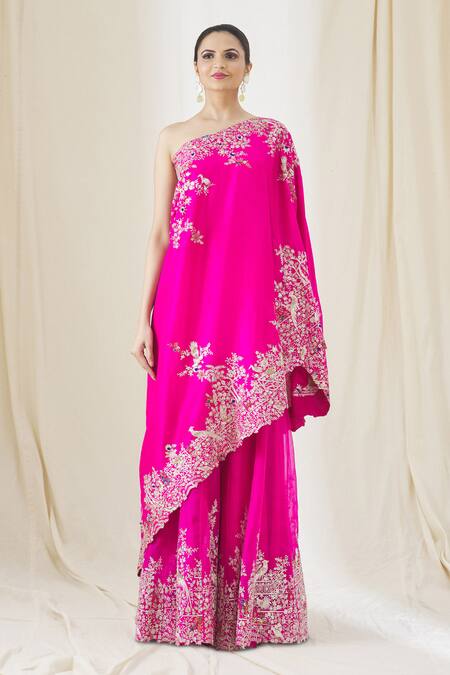Anamika Khanna_Fuchsia Silk Embroidery Asymmetric One Shoulder Tunic And Sharara Set_Online_at_Aza_Fashions