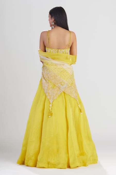 Shop Megha Bansal Yellow Satin Silk Organza Sequin, Cut Dana, Amalta Embroidered Lehenga Set at Aza Fashions Shop_Megha Bansal_Yellow Satin Silk Organza Sequin, Cut Dana, Amalta Embroidered Lehenga Set _at_Aza_Fashions