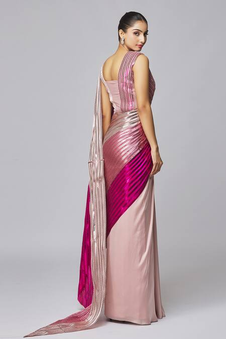 Shop_Amit Aggarwal_Fuchsia Chiffon Metallic Thread V-neck Stripe Draped Gown _at_Aza_Fashions