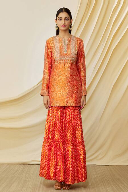 Prisha Orange Silk Printed And Hand Embroidered Floral Kurta Gharara Set Online at Aza Fashions Prisha_Orange Silk Printed And Hand Embroidered Floral Kurta Gharara Set _Online_at_Aza_Fashions