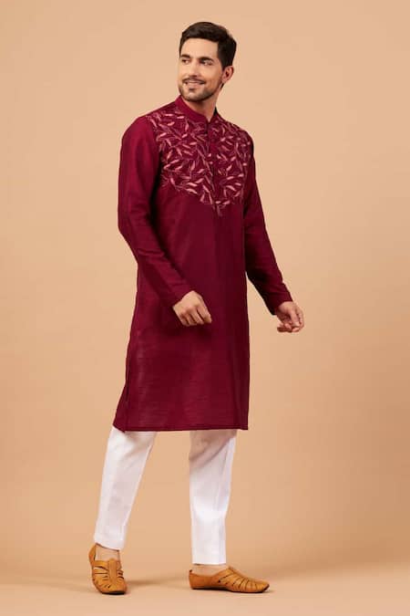 Hilo Design_Purple Silk, Cotton, Lycra Embroidery Leaf Motif Basik Kurta And Pant Set _at_Aza_Fashions
