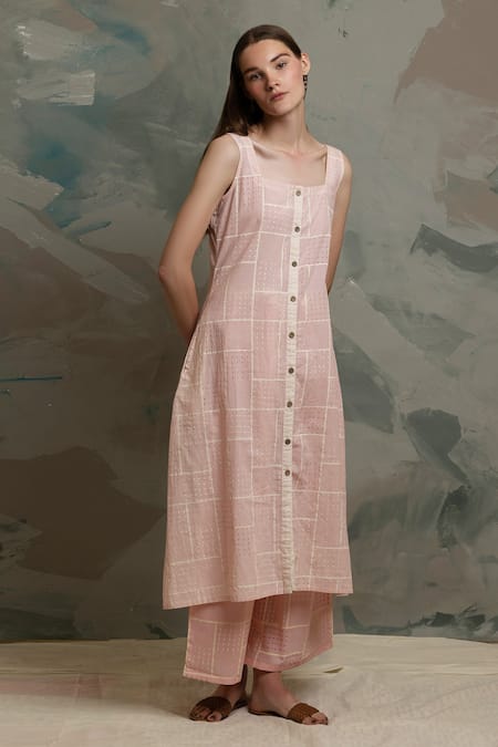 Banana Labs Pink Cotton Square Neck Geometric Print Kurta And Pant Set 