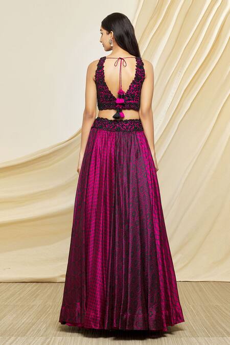 Shop Prisha Magenta Silk Embroidered Floral V Neck Pattern Lehenga Set at Aza Fashions Shop_Prisha_Magenta Silk Embroidered Floral V Neck Pattern Lehenga Set _at_Aza_Fashions