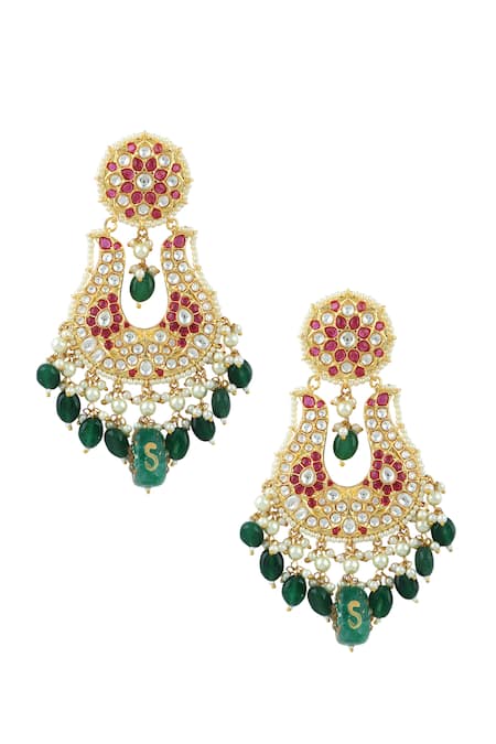 Auraa Trends Red Stones, Pearls, Diamonds Polki Embellished Chandelier Earrings 